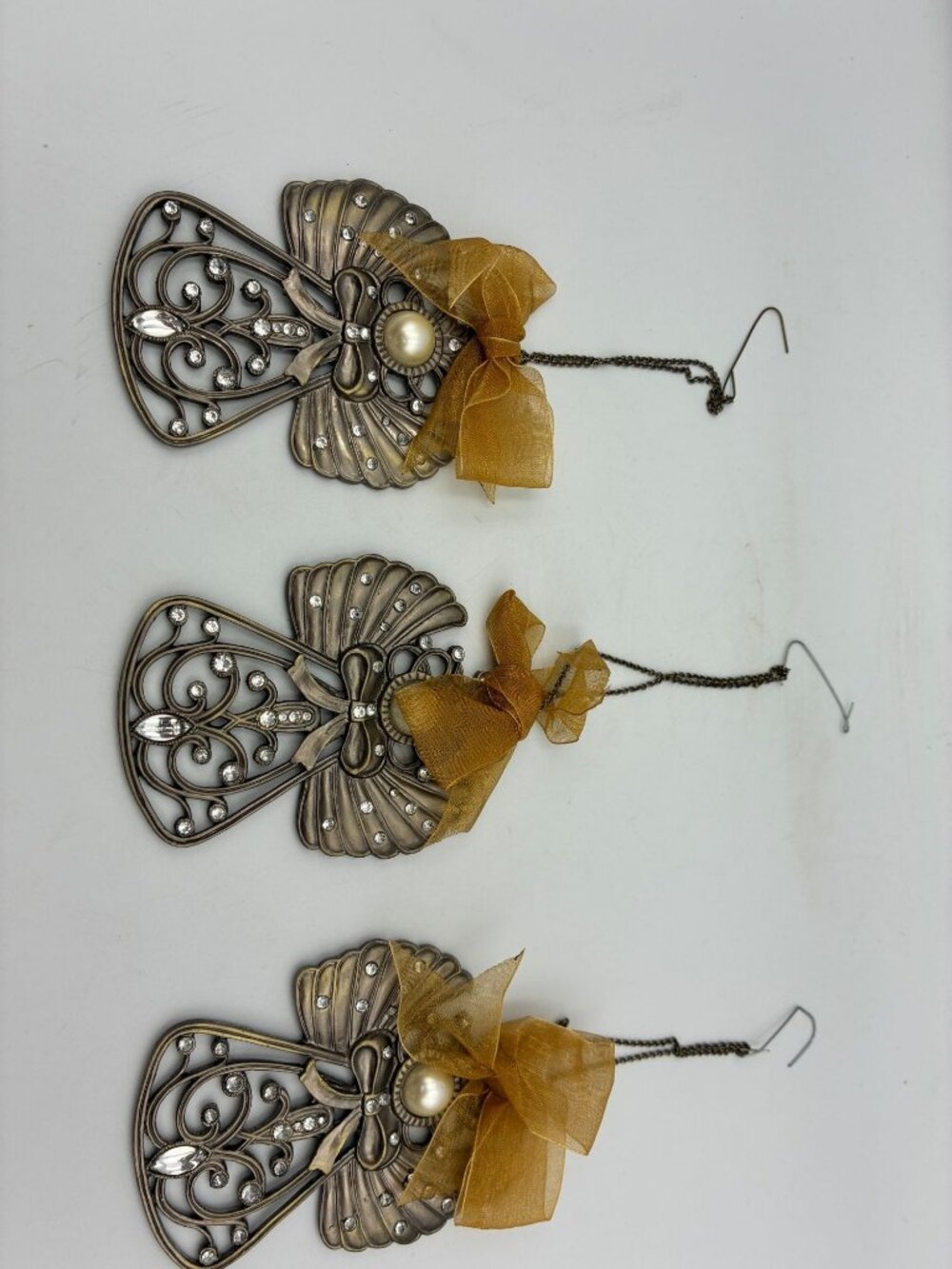 Antique Bronze Angel Ornaments Rhinestones & Gold Organza Bow Accent Set Of 3